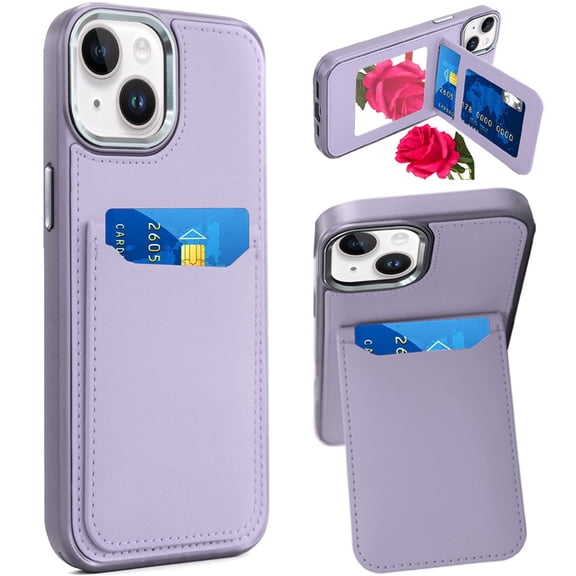 For Apple iPhone 14 Plus PU Leather Wallet Cover with Credit Card Holder, Kickstand & Mirror Inside Slim Fit TPU & PC Hybrid Design Cover, XPM Phone Case [Light Purple]