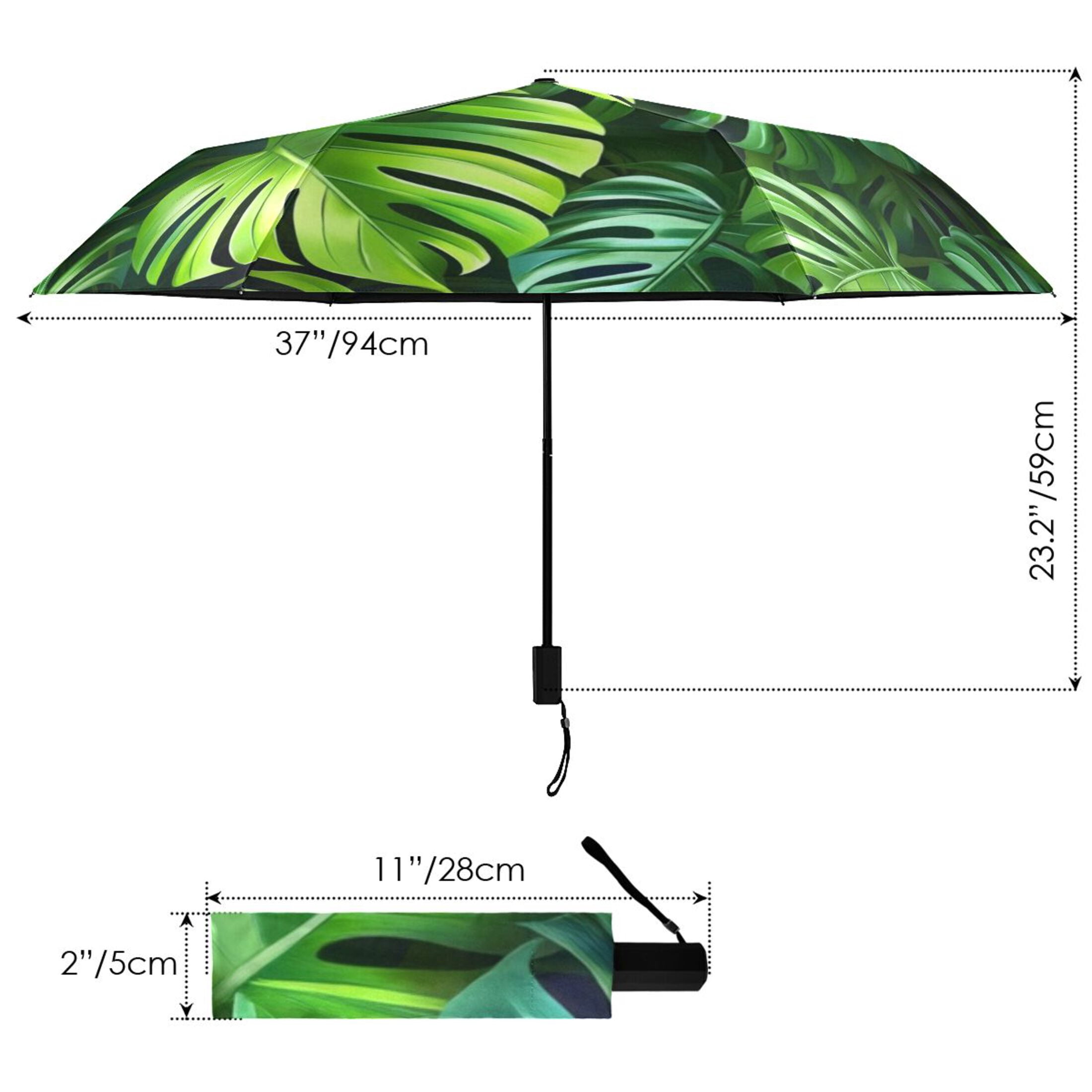 Green Tropical Leaves All Weather Umbrella Triple Folding Parasol 6 Ribs UV Protection Portable