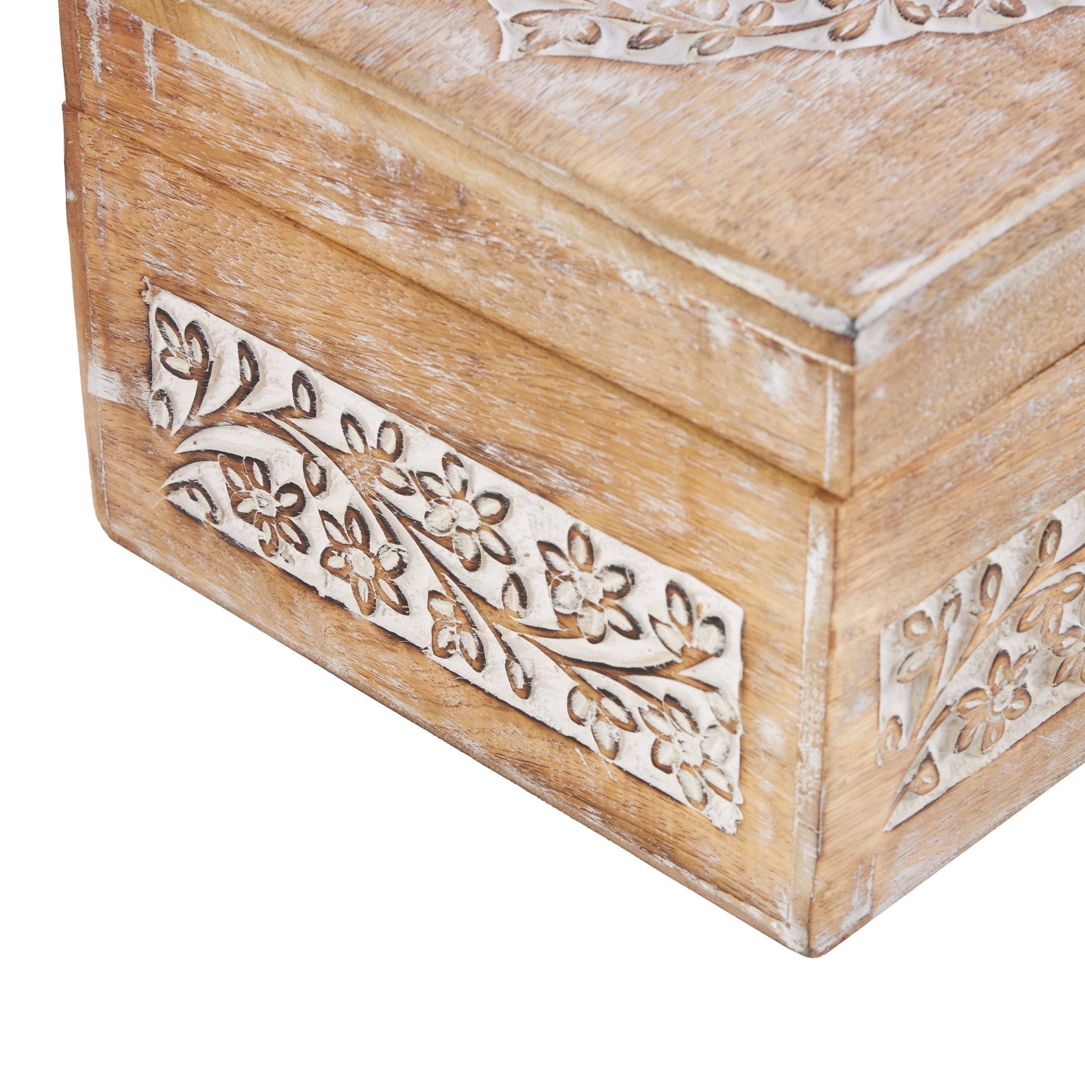 DecMode Floral Cream Mango Wood Decorative Box with Hinged Lid, 3 Count