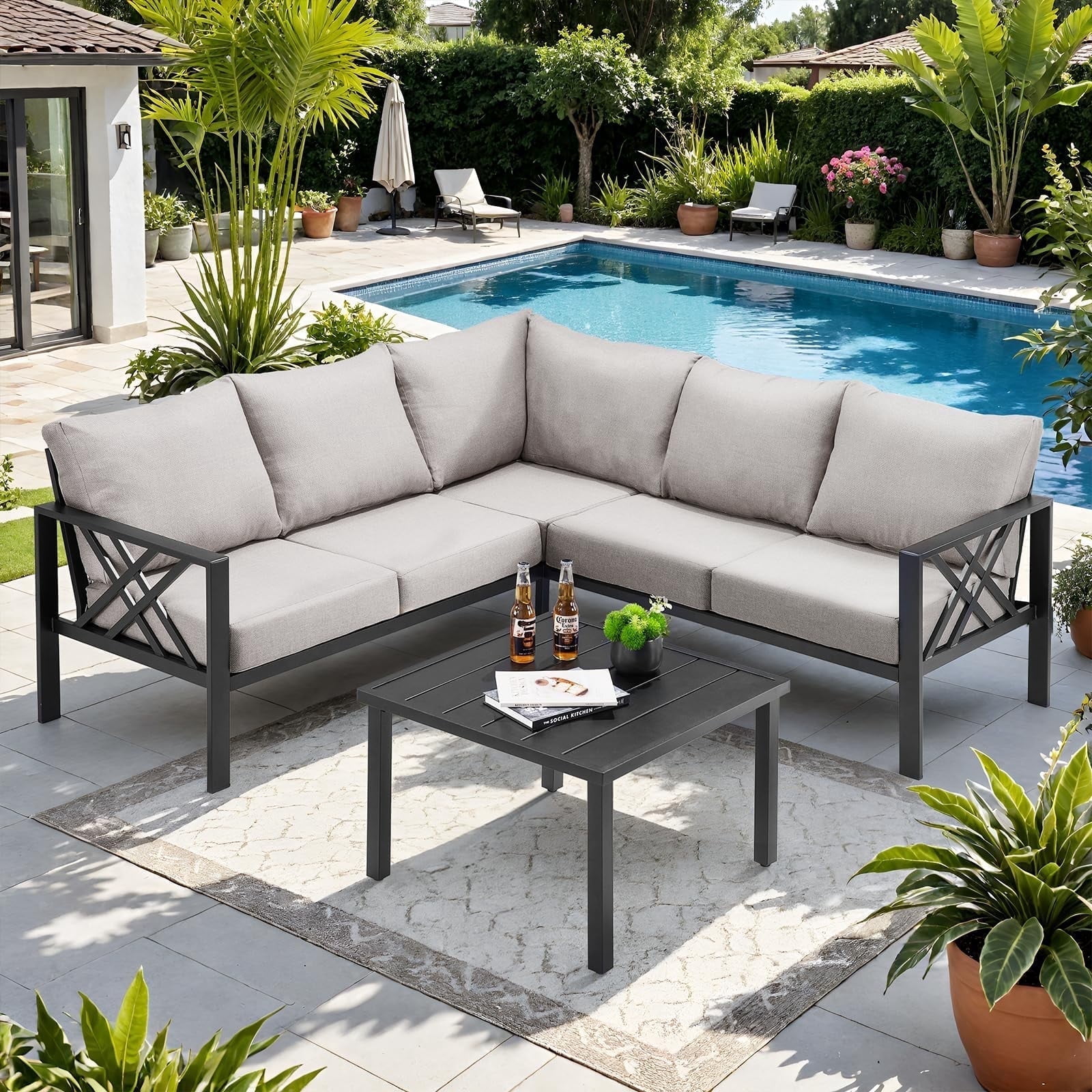 ROGALIS Patio Furniture Set, 6 Pcs L-Shaped Metal Outdoor Sofa W/5.5" Cushion, Coffee Table, Grey