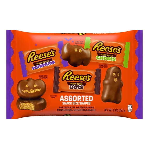 Reese's Assorted Milk Chocolate Snack Size Peanut Butter Shapes, Halloween Candy Bag, 9 oz