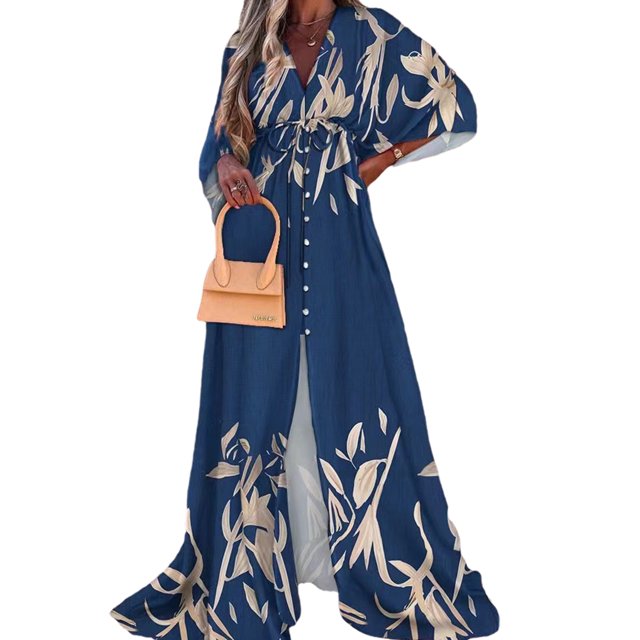 Bellella Robe Longue pour Femmes Manches 3/4 Robes Maxi Imprimé Floral Robe d'Été Hawaïenne Col en V par-Dessus Femmes Sorties de Plage Bleu Marine m