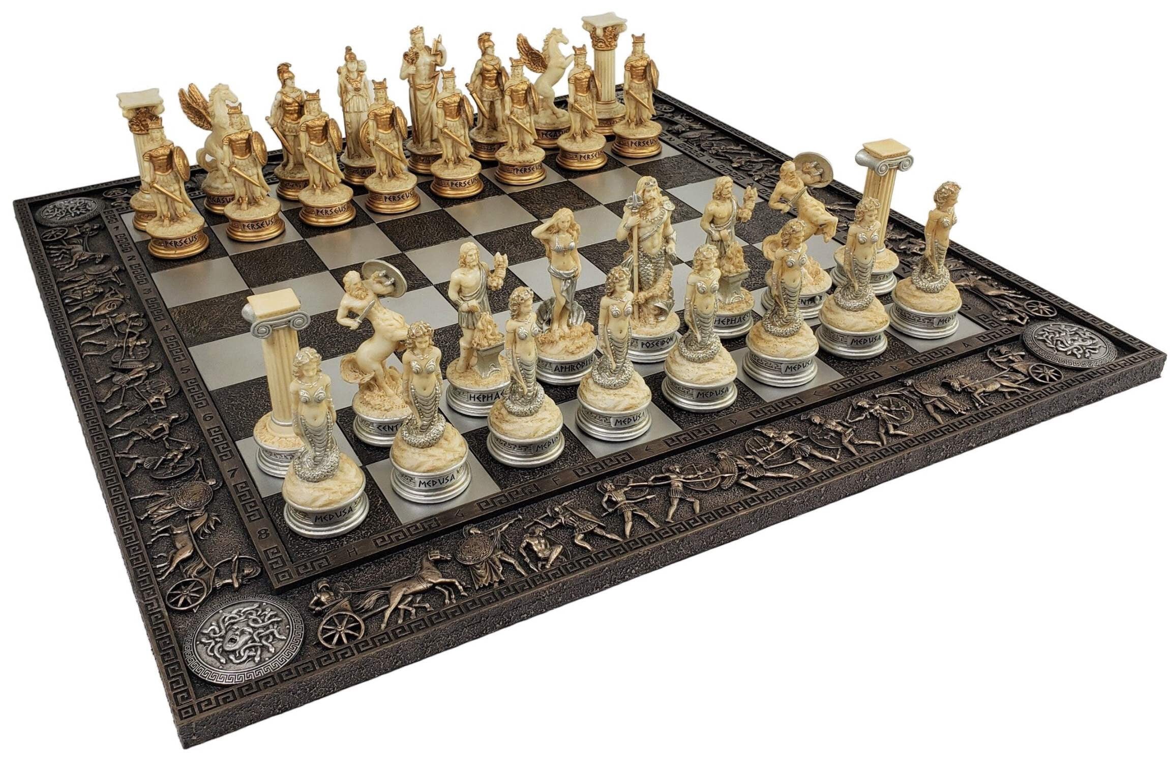 Greek Mythology Olympus Gods Chess Set Antique White  Gold W 17" Greek Board