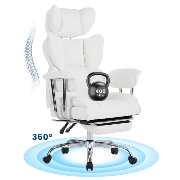 SHOUFTW Ergonomic Big and Tall Office Chair, Scratch-Resistant PU Leather Executive Desk Chair with Spring Lumbar Support White