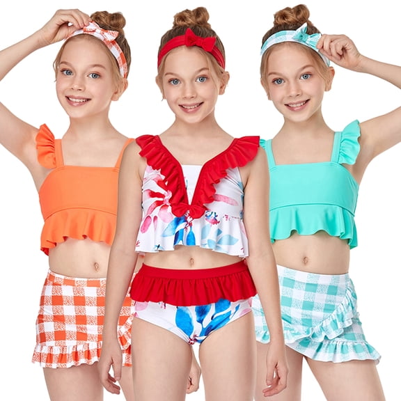 WOLLED 2-12 Years Baby Girls Split Ruffled Swimsuit Kids Toddler Summer Sleeveless Bathing Suit Plaid Bikini Swimwear 2PCS Sun Protection Tankini Bikini