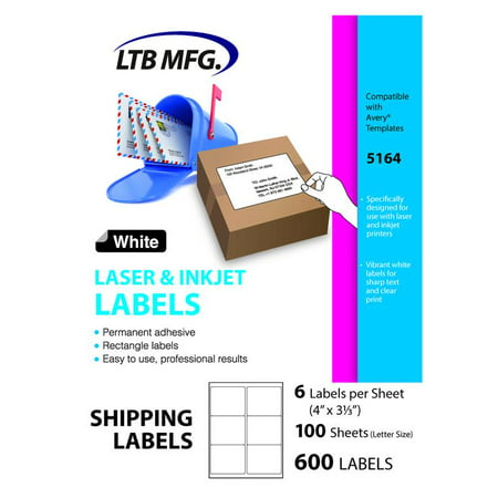 LTB MFG Laser Inkjet Printer Shipping Labels, 100 Labels, 100 White Sheets, 6 Labels Per Sheet 4