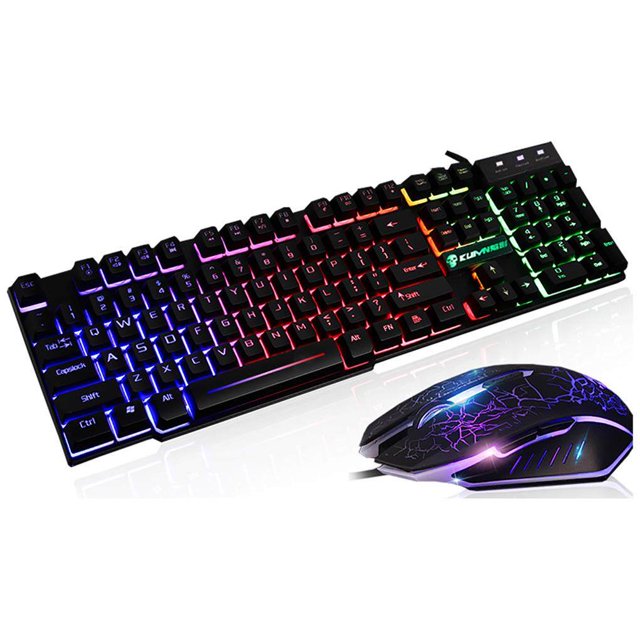 Clavier de Jeu Rétroéclairé LED PC Portable Ergonomique 104 Touches USB Clavier Filaire Souris Set