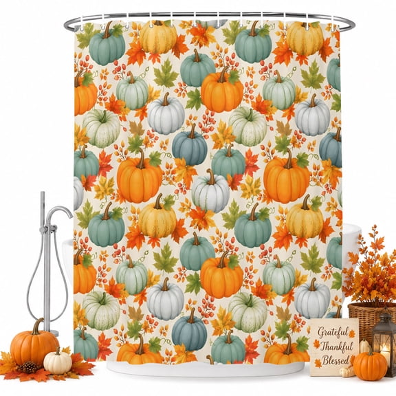 Thanksgiving Shower Curtain Set - Long 72" x 84" Washable Bathtub Curtain with 12 Hooks, Fall Green Orange Pumpkin Maple Leaves Waterproof Fabric Stall Shower Curtains for Bathroom/Bathtub Décor