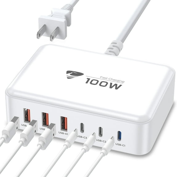 Aioneus Multi USB C Charger Block GaN 100W 6 Ports Fast Charging Station Power Adapter Compatible with Laptop Macbook iPhone iPad, White
