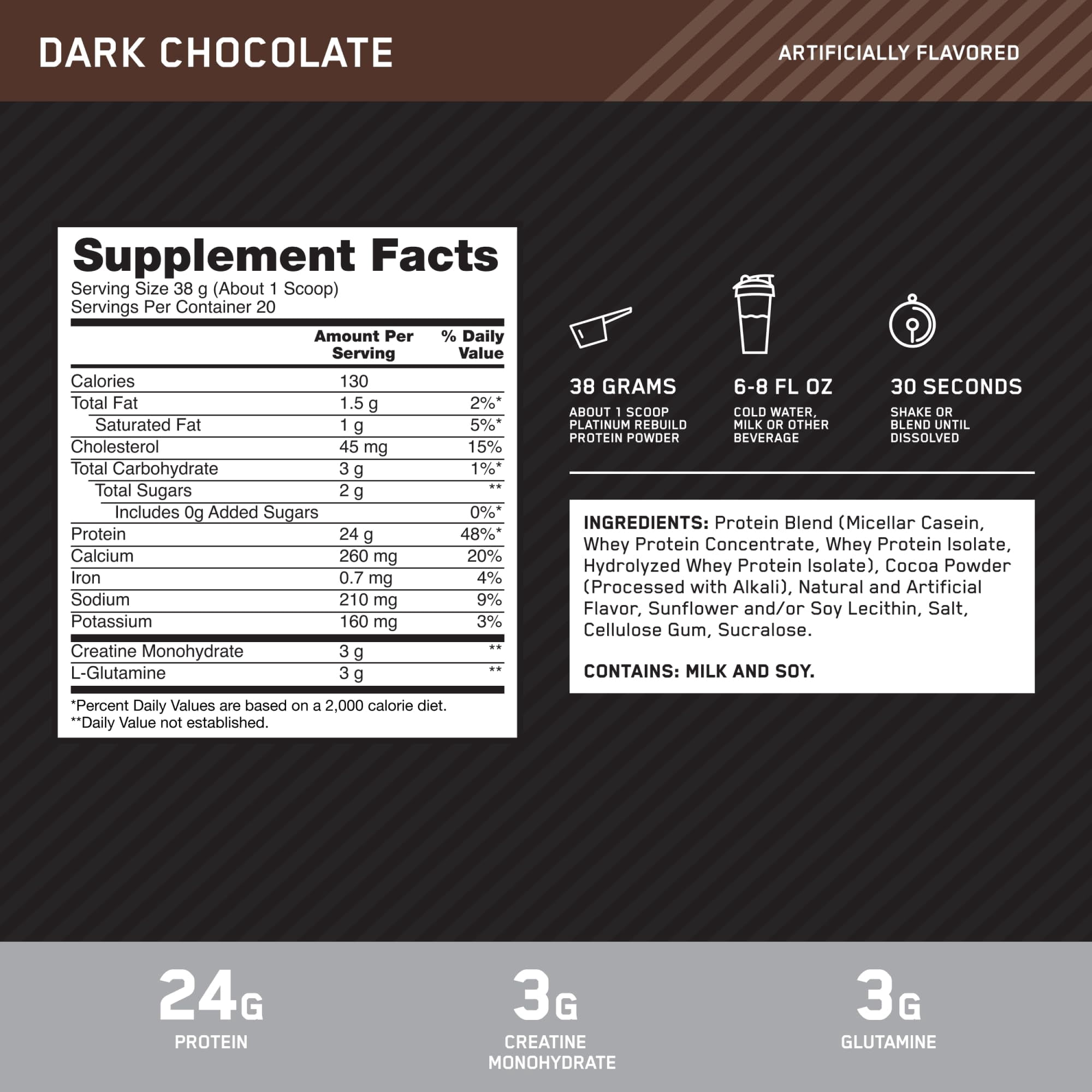 Optimum Nutrition Platinum Rebuild, Platinum Blend Protein Powder with Creatine Monohydrate, Dark Chocolate, 20 Servings