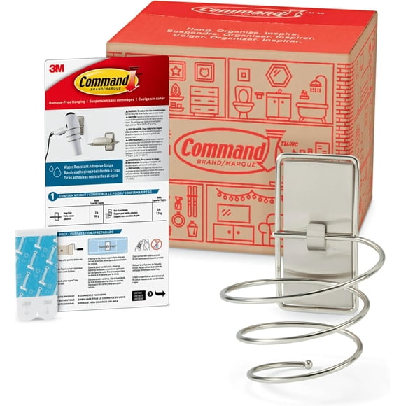 Command Hair Dryer Holder Wall Mount, Satin Nickel, 1 Hairdryer Holder, 2 Water-Resistant Strips, Damage-Free Bathroom Organization