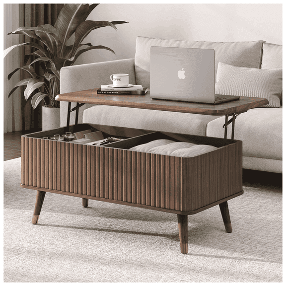 JOINICE Lift Top Coffee Table with Storage,Mid Century Modern Fluted Rectangle Center Table for Living Room,Walnut