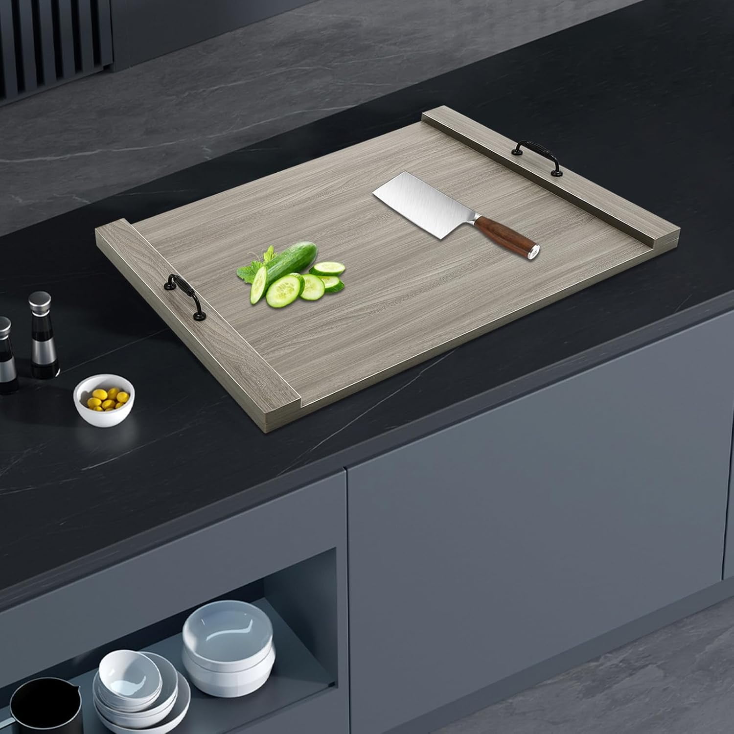 Miumaeov Noodle Board Extra Large Cutting Board Solid Noodle Board Wood Stove Cover Pre-Drilled Holes Clear Texture For Electric&Gas Stove Top Cover