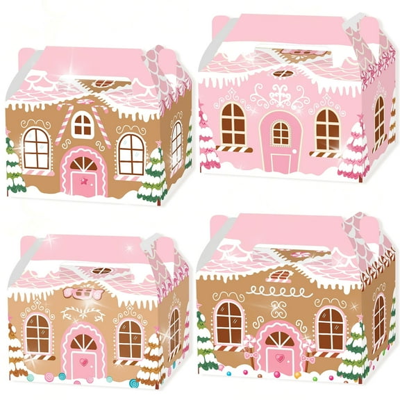 Pink Gingerbread House Decorative Boxes - Foldable DIY Sweet Candy House Design for Holiday Party Decor & Gift Packaging