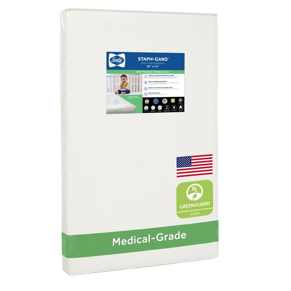 Sealy Antibacterial 38x24 Inch Mini Crib Mattress and Toddler Mini Pad, Waterproof, Medical-Grade Cover, GREENGUARD Certified