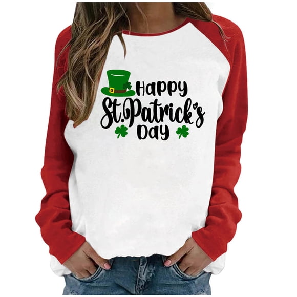 QIPOPIQ Women's Long Sleeve Crew Neck Shirts St. Patrick's Day T Shirts Spring Shamrock Printed T Shirt Lucky Green Shirt St Patricks Day Shirts Patchwork Tunic Tops Holiday Shirts Deals