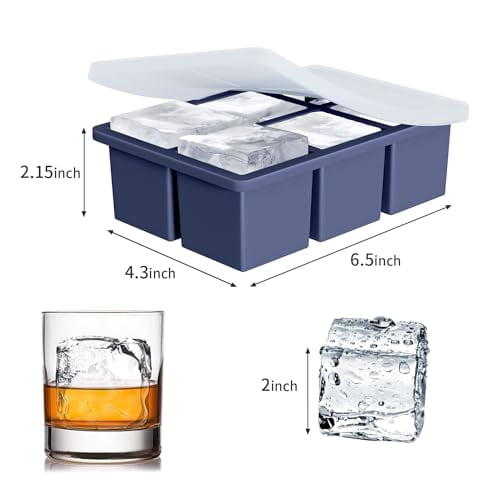 2-Pack Large Square Silicone Ice Cube Tray with Lid for Whiskey Cocktails, 2-Inch Huge Ice Cube Maker Mold for Drinks, Big Cubed Ice Trays for Old Fashioned