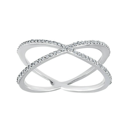 White Gold Crossover Ring - White Gold Round Diamond Crossover Cocktail Fashion Statement X Ring 1/5ct