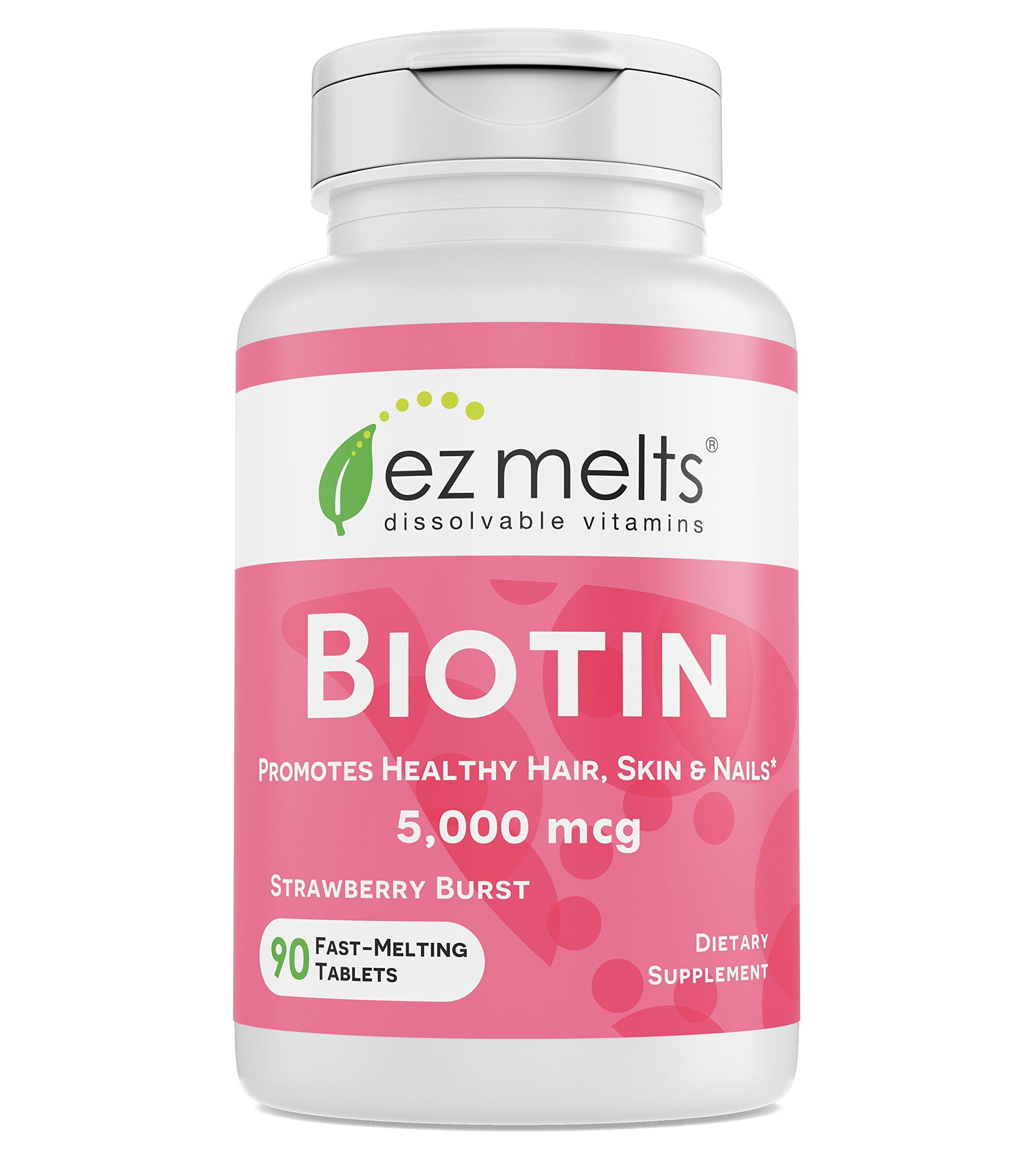 EZ Melts Biotin for Hair, Skin, Nails, 5,000 mcg, Sublingual Vitamins, Vegan, Zero Sugar, Natural Strawberry Flavor, 90 Fast Dissolve Tablets