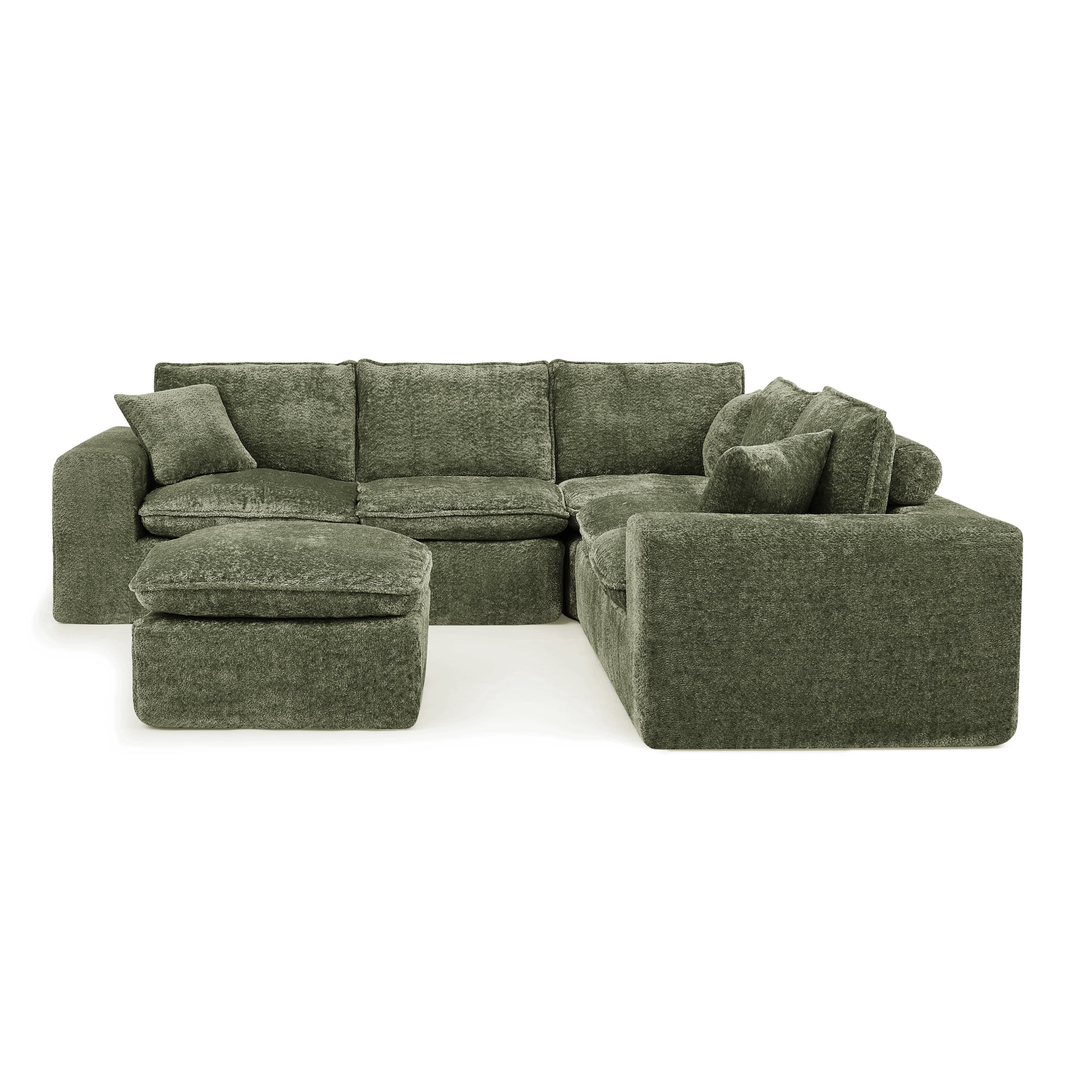 107" Modular 6 Seats Sectional Sofa Boucle Cloud Couch L Shape with Ottoman Deep Seat Comfy Living Room Sofa with Pillows, No Assembly, Green