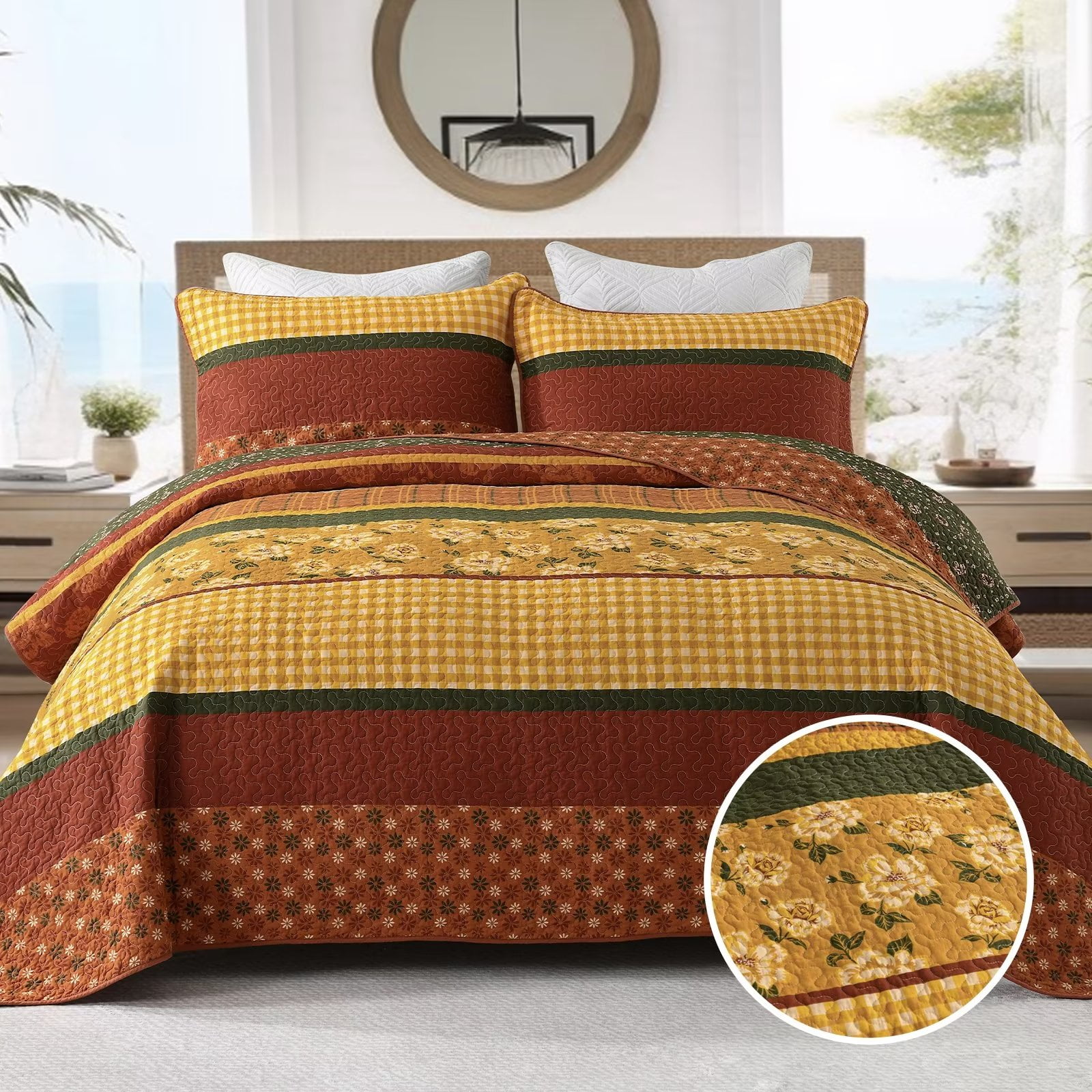 DDUOXIN Bohemian Fall King Quilt - 100% Cotton Floral Brown & Gold & Green Striped King Size Quilt Set, Lightweight Boho Bedspread Autumn Gift 3-Piece Quilt Comforter Set with 2 Pillowsham, 98"x106"