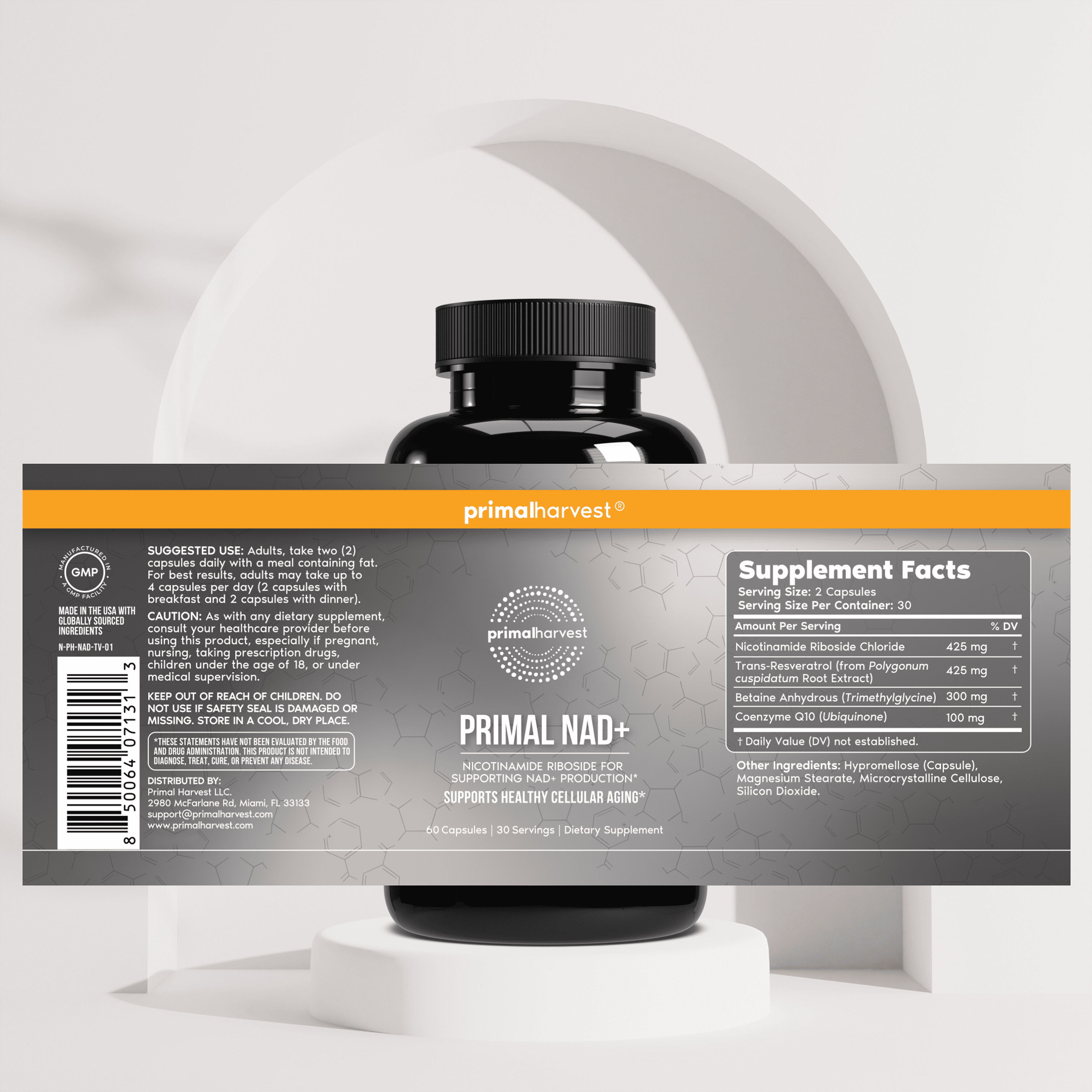 Primal Harvest NAD+ Supplement Nicotinamide Riboside, Trans-Resveratrol, Betaine, CoQ10, Energy Support, 60 Count, 1 Pack
