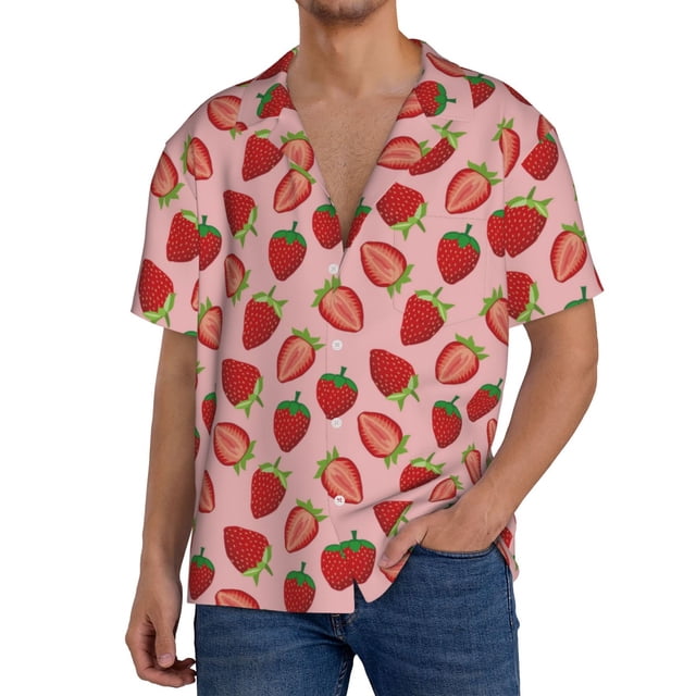 Fotbe Strawberries Camisa Estampada de Manga Corta para Hombre, Casual de Verano, Estilo Playero, Sin Arrugas-Large