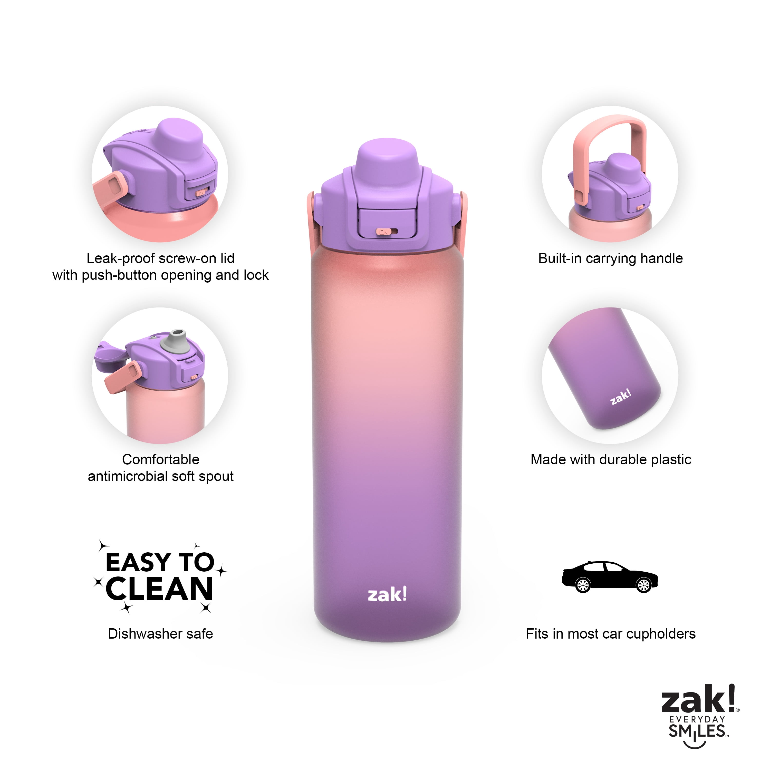 Zak Designs Soft Paint 32oz Durable Plastic Liberty Straw Water Bottle (Ombre Purple)