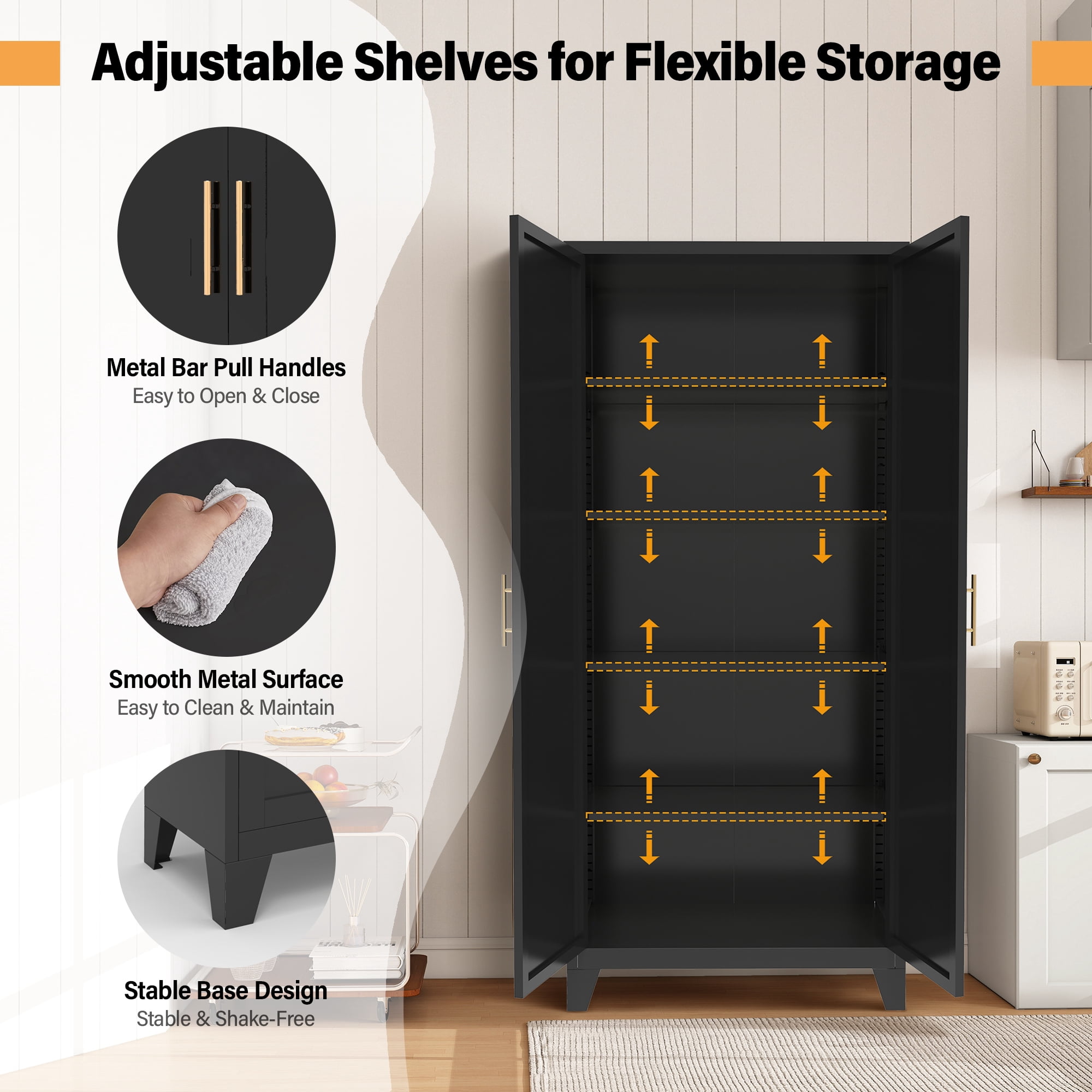 Aukfa 61" Tall Metal Pantry Cabinet,Kitchen Storage Cabinet with Adjustable Shelves for Kitchen/Dining Room/Living Room, Black