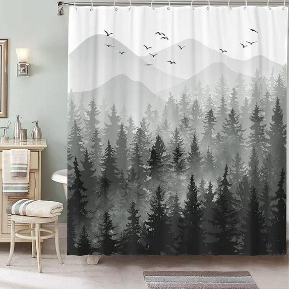 Black and White Misty Forest Shower Curtain Set Grey Gray Ombre Waterproof Fabric Shower Curtains Nature Tree Mountain Woodland Decorative Bathroom Bath Curtain Decor (72'''' × 72'''', Black)