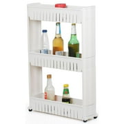 3 Tiers Mobile Shelving Unit Slim Slide-Out Storage Tower Pull out Pantry Shelves Cart for Kitchen Bathroom Bedroom Laundry Room Narrow Places on Wheels White