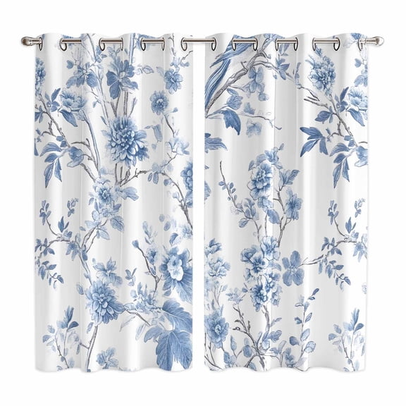 Blue White Spring Floral Kitchen Curtains 84 Inch Length, Summer Botanical Birds Grommet Top Bedroom Living Room Curtains, Light Filtering Cafe Curtain Drapes 2 Panels Set 104''x84''