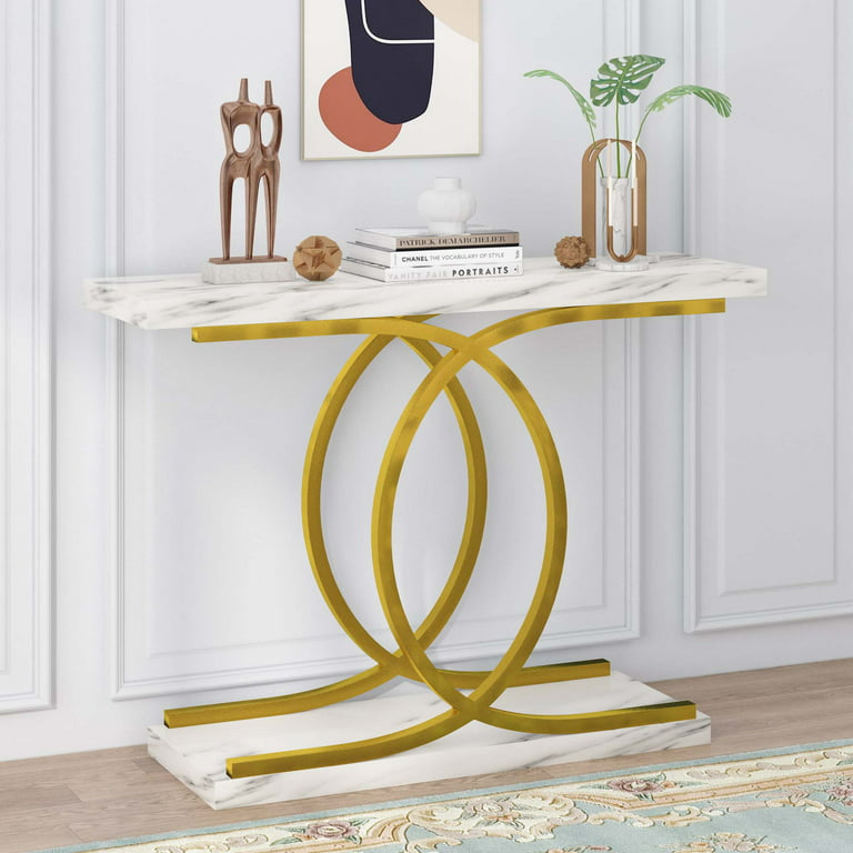 PAKASEPT Console Table with Gold Base, 40 inch White Faux Marble Narrow Entryway  Table Foyer Table for Living Room, Entryway, Hallway, Entrance 