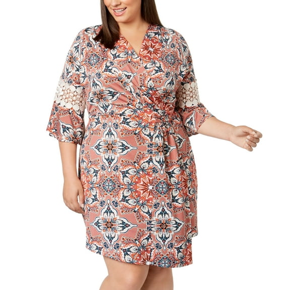 NY Collection Plus Petite Plus Size Printed Crochet Sleeve Wrap Dress Orange Multi 3X