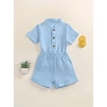 thumbnail image 5 of BemeyourBBs Toddler Baby Boy Summer Clothes 2 Pieces Cotton Linen Outfit Solid Color Mock Neck Short Sleeve Button Down Shirt and Shorts Set, 5 of 9