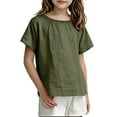 thumbnail image 2 of Girls Linen Cotton Top Batwing Sleeve Relaxed Fit Breathable Shirt Boat Neck Casual Play Outfit Army Green,Size 6-7T, 2 of 6
