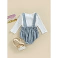 thumbnail image 4 of Baby 2PCS Spring Romper Suit, Long Sleeve Plain Ribbed Crew Tops+ Buckle Shoulder Straps Snap Triangle Suspender Romper, 4 of 9