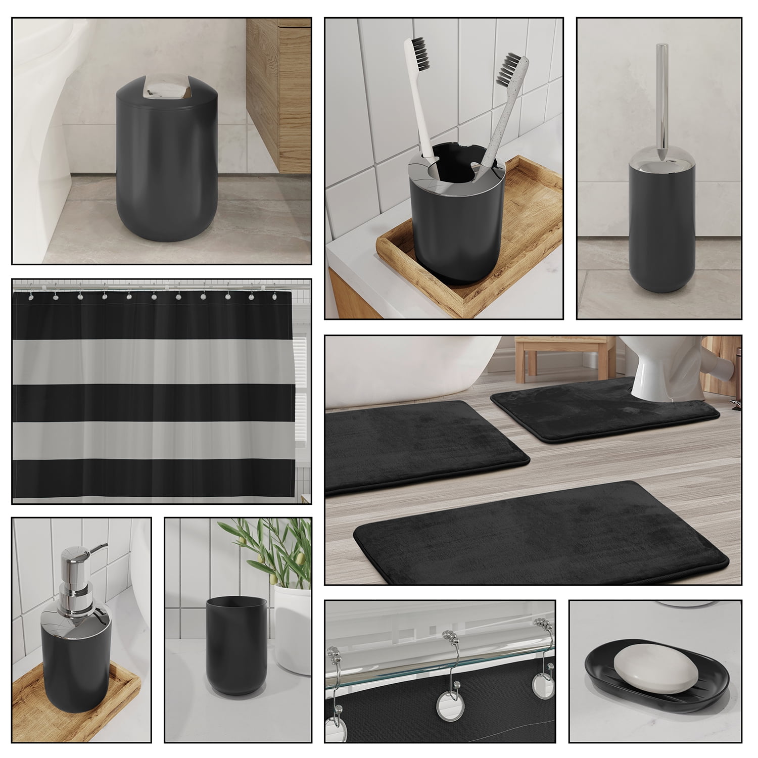 Nestl 23 Piece Bathroom Accessory Gift Set, Bathroom Shower Curtain Set, And Bath Rug Set, Black