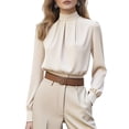 thumbnail image 2 of Womens Solid Mock Neck Pleated Blouse, Long Sleeve Lantern Cuff Relaxed Fit Shirt, Smooth Fabric Elegant Work Commute Daily Outfit, 2 of 7