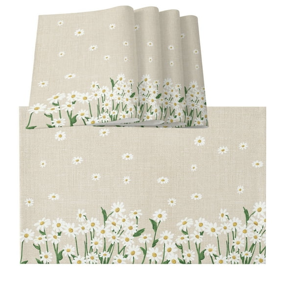 Spring Floral Placemats for Dinning Table Set of 6, White Daisy Farmhouse Linen Texture Burlap Kitchen Place Mats Waterproof Cloth Table Mats, Indoor Outdoor Placemats Easy Clean Dinner Decor