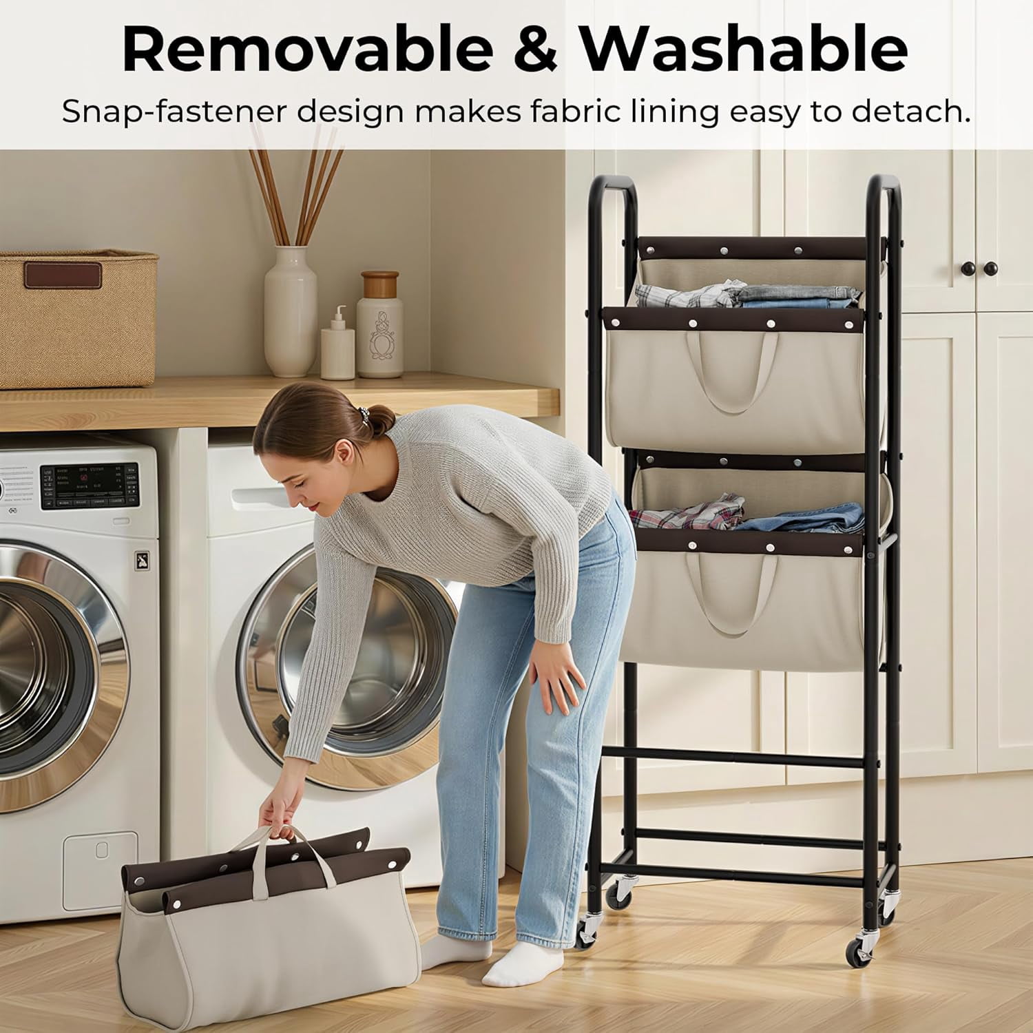 GRANNY SAYS 3-Tier Laundry Basket with Wheels, 120L Rolling Laundry Hamper Sorter, Metal Frame Laundry Organizer, 3 Bin Removable Bags, Light Khaki