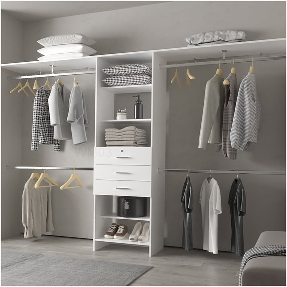 Modular Wardrobe Closet Organizer with Shelves, Hanging Rods and Drawers, White Freestanding Storage Cabinet System