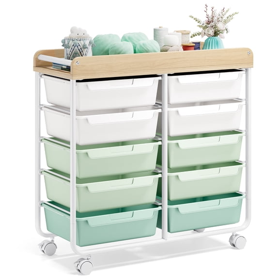 BEHERZT Rolling Storage Cart with 10 Large Drawers, Utility Cart with Wooden TableTop for Craft Organizers, Green