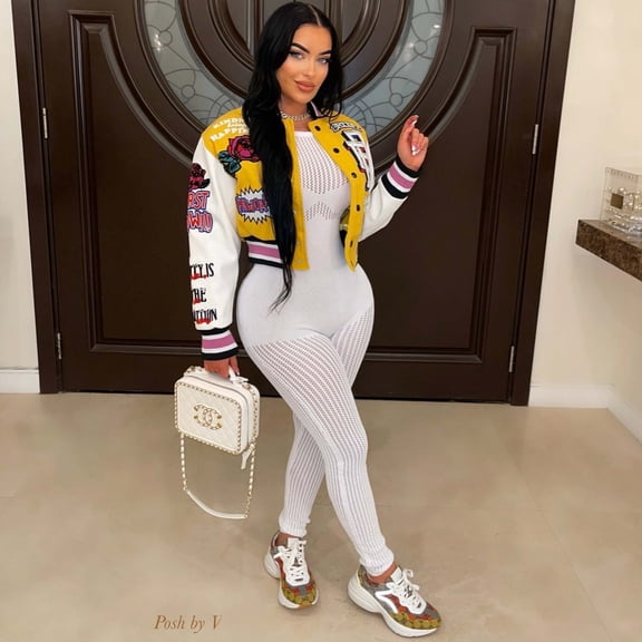 Button Up Printed Crop Baseball Jacket (XL, MultiYellow)