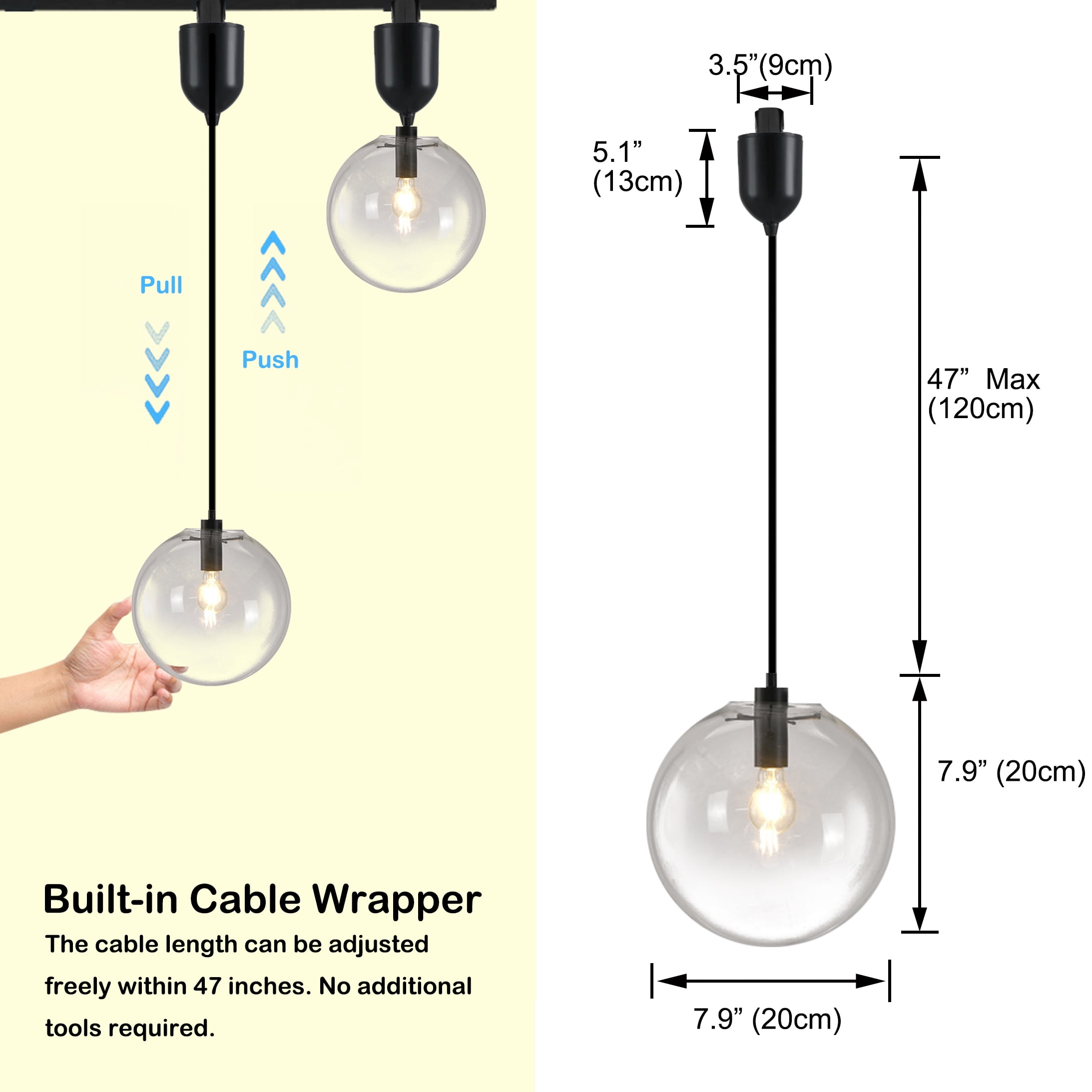 Kiven H-Type Track Lighting Light fixture, Modern Halo Track Pendant Light with Built-in Cable Wrapper and Glass Lampshade, Adjustable Length for Bedroom Kitchen Shop,Black Finish,3-Light