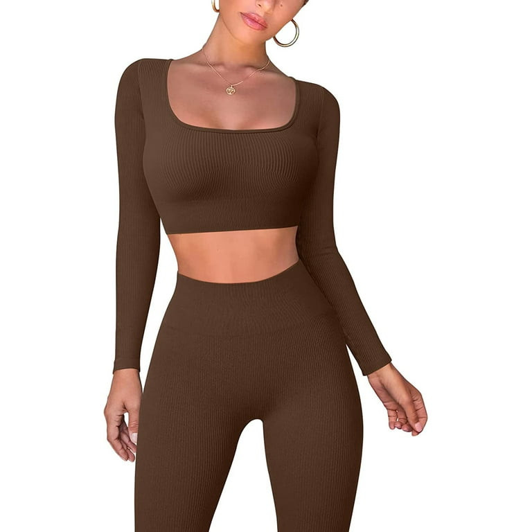 POAA Seamless workout short outfits for women sportswear athletic clothes  gym Long Sleeve Crop Top High Waist Leggings-brown set,M : :  Fashion