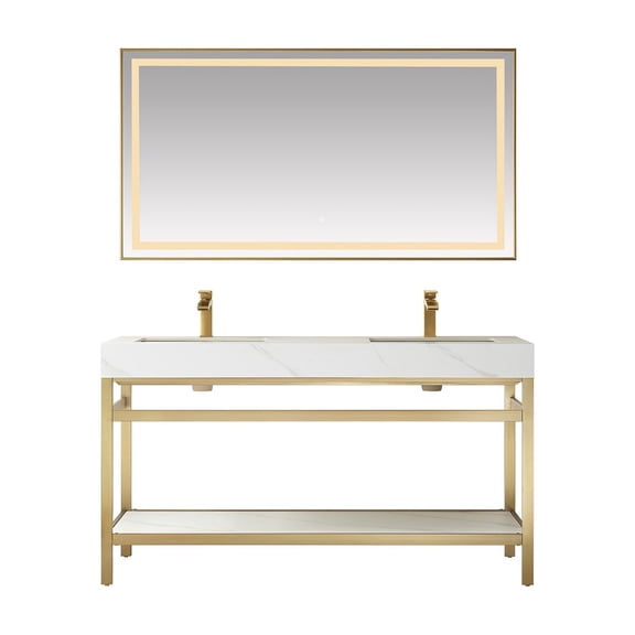 Funes 60" Double Sink Bathroom Vanity in Brushed Gold Frame White Top w/ Mirror