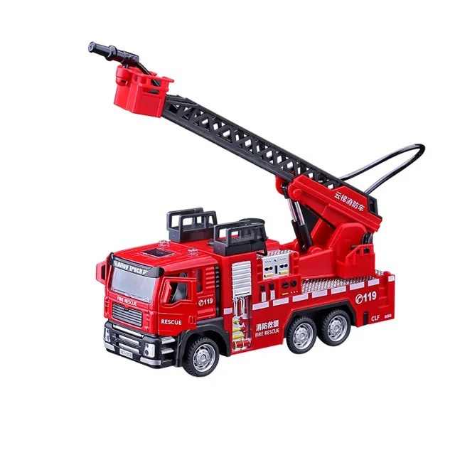 1/32 Fire Engine Car Toy Model with Sound Light Ladder Fire Truck Wheel Pull Back Sprinkler Rescue Vehicle Boys Decoration Gifts Ladder Fire Truck
