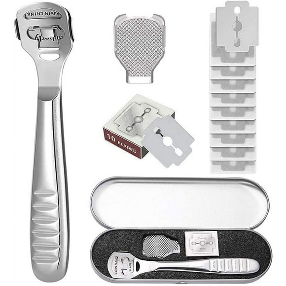 Hornhauthobel Fußfeile, Edelstahl Raspelfeilen für Fußpflege Pediküre Hornhauthobel Rasierer mit Box, Fußfeile Köpfe und 10 Ersatzklingen
