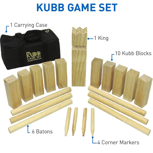 Kubb The Viking Wooden Outdoor Lawn Game  1 King, 10 Kubb Blocks, 6 Long Batons, 4 Corner Markers & Carrying Bag